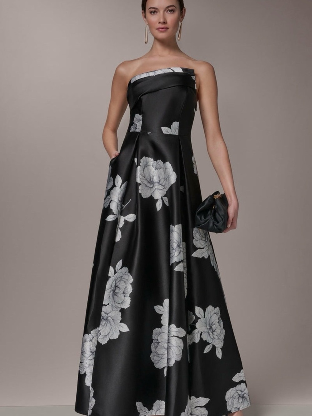 Donna Karen Strapless Black Floral Evening Gown